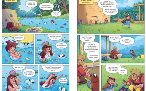 Dzieci bawią się w wodzie i na budowie. Historia o tym, o czym można zrobić komiks, pełna przygód i pomocy.