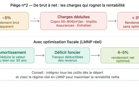 Schéma : rendement brut vs net. Optimisation fiscale LMNP avec déficit foncier, travaux déductibles, et règle des 3 ans pour maximiser le rendement.