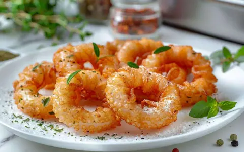 Anneaux d'encornet croustillants, dorés à la perfection. La cuisson encornet réussie pour un délice croquant, garni d'herbes fraîches.