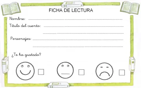 Ficha de lectura infantil para escribir nombre, título, personajes y calificar el cuento con caritas sonrientes, neutras o tristes.