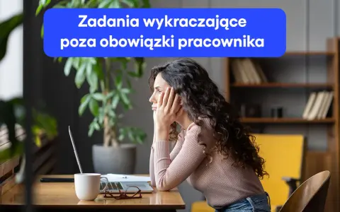 Kobieta zamyślona nad zadaniami wykraczającymi poza obowiązki pracownika.