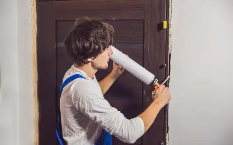 Un homme utilise une mousse expansive pour isoler une porte en bois.