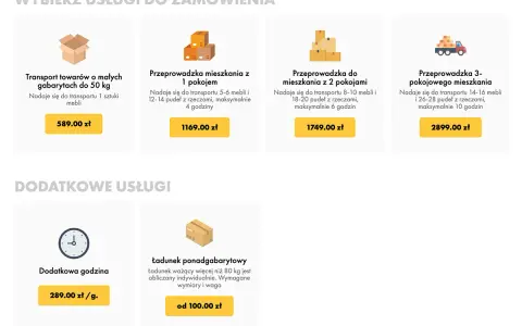 Oferta dla przewoźników: przeprowadzki mieszkań 1-3 pokojowych, transport towarów, dodatkowa godzina i ładunki ponadgabarytowe.