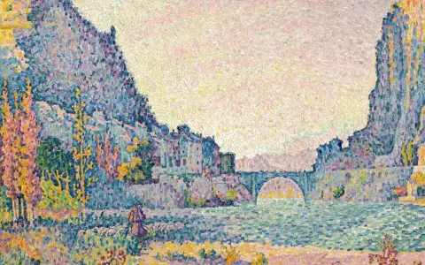 Paysage fluvial avec un berger et son troupeau, œuvre d'un peintre pointilliste. Les montagnes bleues et les maisons colorées se reflètent dans l'eau.