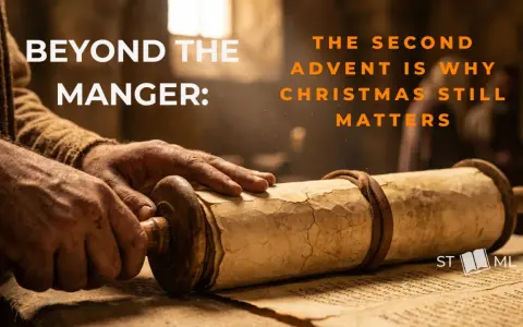 Hands unroll an ancient scroll, dust motes dance in the light. "Beyond the Manger: The second Advent is why Christmas still matters.
