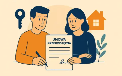 Para podpisuje umowa przedwstępna zakupu domu. Klucz i dom symbolizują przyszłe posiadanie.