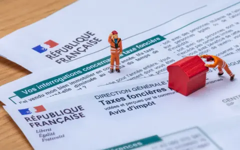 Figurines sur des documents de la République Française concernant la taxe foncière. L'une pousse une maison rouge, l'autre semble réfléchir.