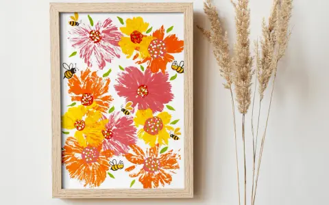 Peinture acrylique fleurs facile avec des abeilles joyeuses butinant. Couleurs vives et style enfantin.