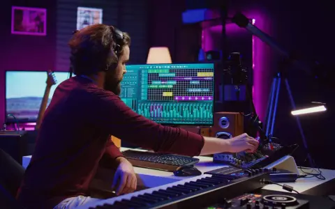Un artista di musica elettronica lavora nel suo studio, mixando suoni con attrezzature professionali e un software di produzione musicale.