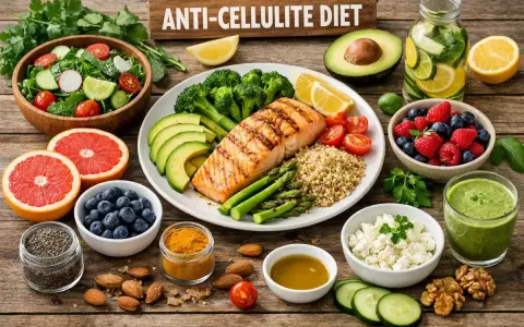 Zdrowe jedzenie na talerzu: łosoś, warzywa, owoce i kasza. To składniki idealne na dieta antycellulitowa.