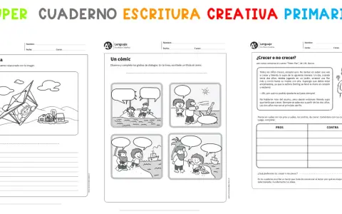 Ficha de escritura con actividades: un niño en parapente, un cómic para completar diálogos y un texto sobre crecer.