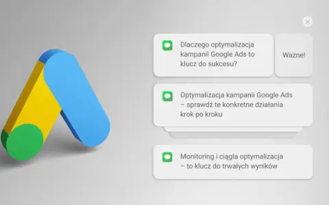 Google Ads logo i powiadomienia o tym, jak optymalizacja kampanii Google Ads prowadzi do sukcesu.