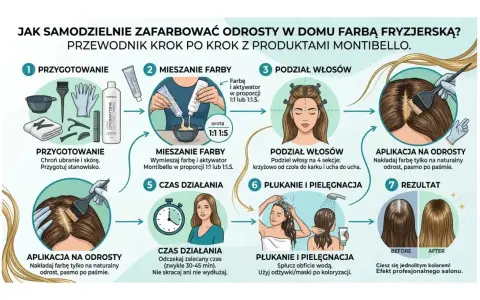 Instrukcja krok po kroku, jak zrobić toner z farby fryzjerskiej w domu. Przygotowanie, mieszanie, podział włosów, aplikacja na odrosty, czas działania, płukanie i pielęgnacja, efekt.