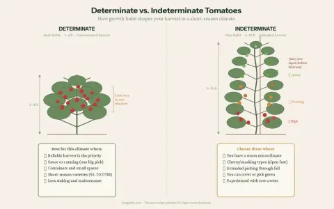Determinate tomatoes are bush-like, 3-4 ft tall, with concentrated harvests. Indeterminate tomatoes are vine-like, 6-10 ft tall, offering extended harvests.