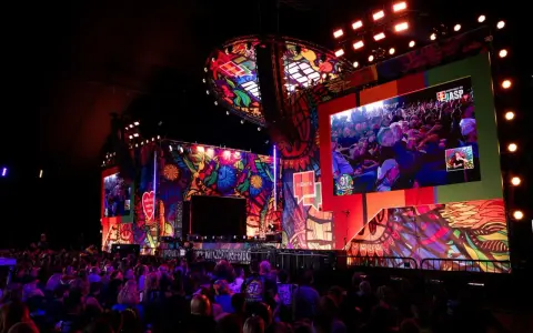 Kolorowa scena festiwalu Poland Rock 2026 z wielkim ekranem pokazującym publiczność. Tłum widzów wpatrzony w widowisko.
