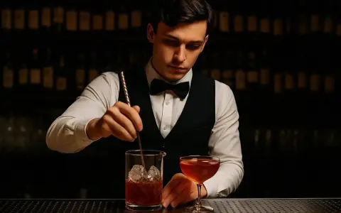 Barman w eleganckim stroju miesza drinka z lodem w szklanicy, obok stoi gotowy koktajl.