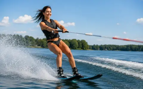 Frau beim Wasserskifahren auf dem Langenfelder See, die mit einem breiten Lächeln über das Wasser gleitet.