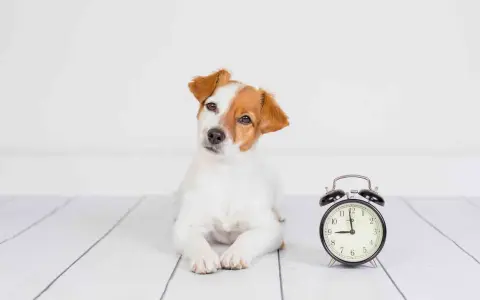 Szczeniak Jack Russell Terrier leży obok budzika. Czas na zabawę, since for kiedy?