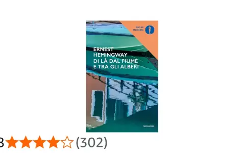 Copertina del libro "Di là dal fiume e tra gli alberi" di Ernest Hemingway, con riflessi sull'acqua.