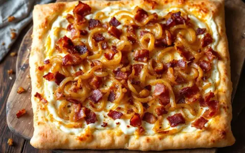 Flammekueche prête à déguster, garnie d'oignons caramélisés et de lardons croustillants sur une pâte fine et dorée. Un délice !