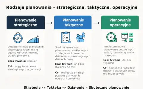 Schemat przedstawia rodzaje planowania: strategiczne, taktyczne i operacyjne. Każdy poziom ma swoje cele strategiczne, taktyczne i operacyjne, od długoterminowych wizji po codzienne zadania.