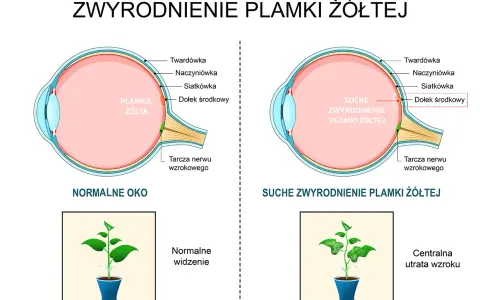 Porównanie zdrowego oka z suchym zwyrodnieniem plamki żółtej. Pokazuje, jak szybko powiększa się otwór plamki żółtej, prowadząc do utraty wzroku.