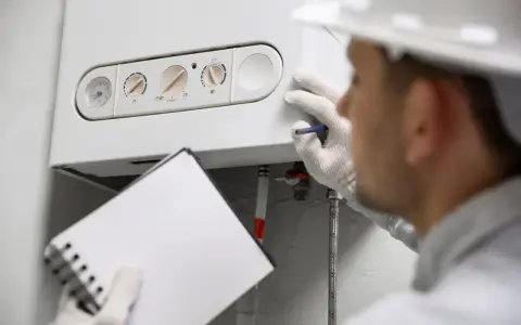 Tecnico con blocchetto e matita controlla la caldaia, sospettando una pompa caldaia bloccata.