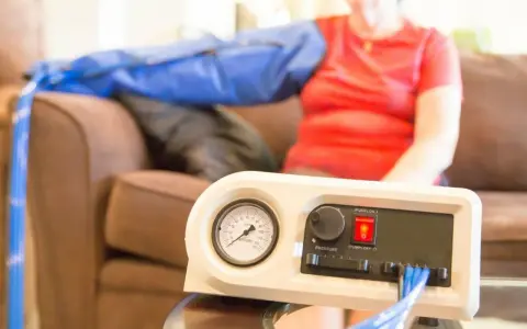 A person uses a lymphedema pump on their arm. Consult your doctor about how often you can use your lymphedema pump.
