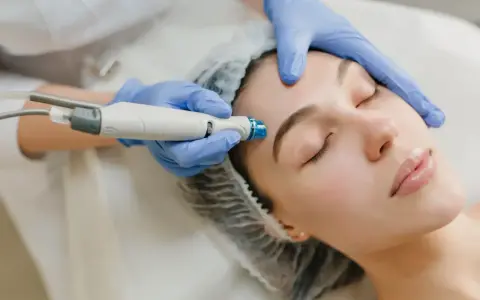 Aesthetician performs a facial treatment, likely part of the microdermabrasion healing process, on a woman's forehead.