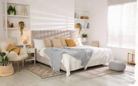 Dormitorios cálidos y acogedores con cama grande, sillón cómodo, plantas y estanterías decoradas.