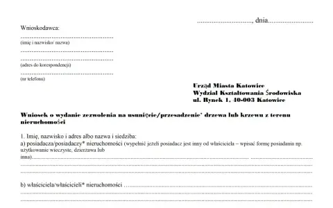 Formularz wniosku o wydanie zezwolenia na usunięcie drzewa lub krzewu z terenu nieruchomości.
