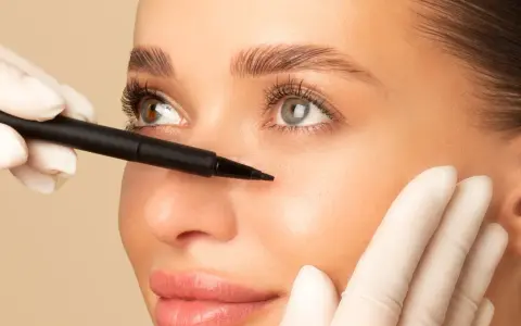 Une main gantée utilise un stylo pour marquer le visage d'une femme, préparant un brow lift pour un regard plus jeune et lifté.