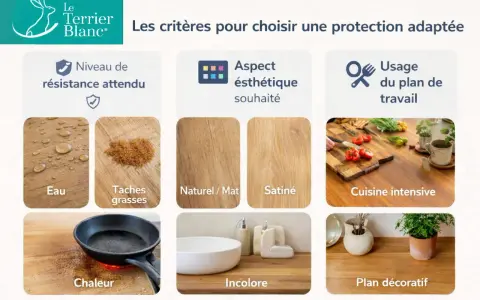 Critères pour un traitement bois brut intérieur : résistance à l'eau, taches, chaleur, aspect naturel ou satiné, usage intensif ou décoratif.