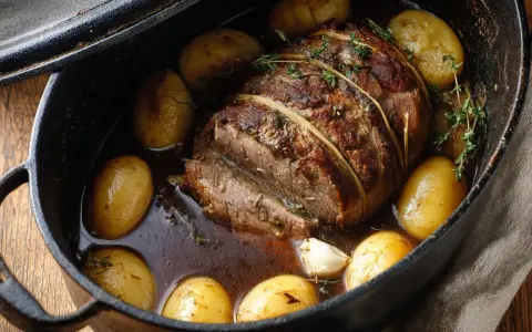 Un rôti de quasi de veau, lié à la ficelle, mijote dans un jus savoureux avec des pommes de terre et de l'ail.