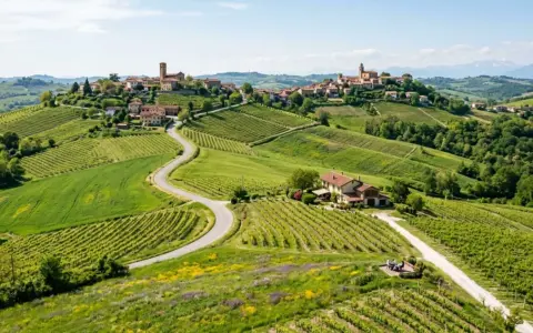 Un borgo italiano su una collina, circondato da vigneti rigogliosi e campi verdi. Un sogno per le vacanze in collina.