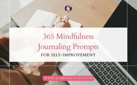 A person's hands writing in a journal, with text overlay "365 Mindfulness Journaling Prompts for Self-Improvement." This image inspires daily journaling.