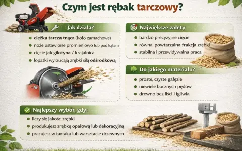 Budowa i działanie rębaka tarczowego: tarcza tnąca, noże, łopatki wyrzucające zrębki. Idealny do gałęzi, zapewnia precyzyjne cięcie.