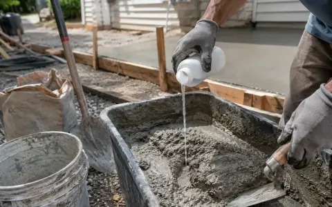 Rękawiczki i łopatka mieszają szybki beton w wózku. Obok leży worek z cementem i wiadro.