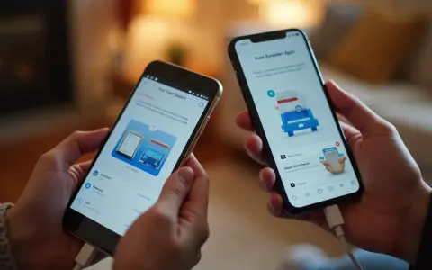 Dwie osoby trzymają telefony połączone kablem. Na ekranach widnieje instrukcja, jak przenieść dane z telefonu na telefon za pomocą aplikacji Smart Switch.