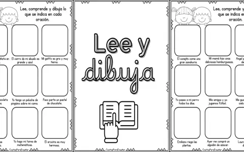 Hoja de actividades para leer y dibujar. Cada sección presenta una frase para que el niño la comprenda y dibuje su representación.