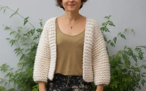Mujer sonriente luce una chaqueta dos agujas tejida a mano, ideal para aprender paso a paso.