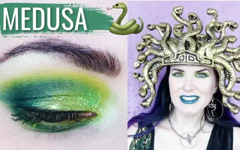 Maquillaje verde y dorado para un disfraz de medusa casero, con serpientes en la cabeza y pendientes.
