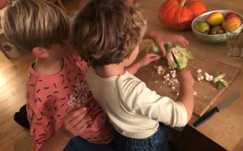 Zwei Kinder helfen im Haushalt und schneiden Blumenkohl. Ein Kürbis und Obst liegen daneben.