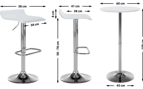 Ein Bartisch ist 108 cm hoch. Daneben sind zwei Barhocker mit verstellbarer Sitzhöhe von 65-85 cm und 58-78 cm abgebildet.