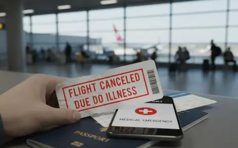 Dłoń trzyma bilet z napisem "FLIGHT CANCELED DUE TO ILLNESS". Obok paszport, telefon z komunikatem "MEDICAL EMERGENCY" i inne bilety. Pytanie: czy można anulować bilet lotniczy?