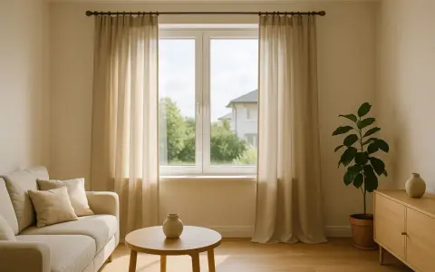 Jasne zasłony wiszą na karniszu nad białym oknem, obok sofy i stolika.