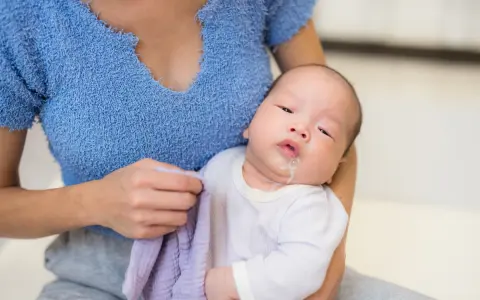 Un neonato con rigurgito, tenuto in braccio dalla madre che ha un panno viola.