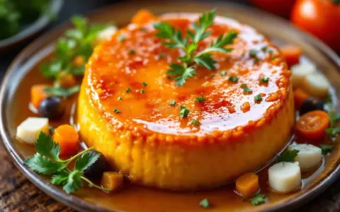 Un appétissant flan de légumes, nappé d'une sauce orangée et garni de persil frais, de carottes, de tomates cerises et d'olives.