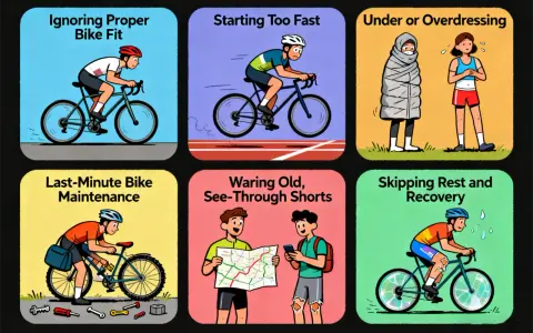Six panels illustrate common cycling mistakes: ignoring bike fit, starting too fast, improper dressing, last-minute maintenance, wearing worn shorts, and skipping rest and recovery.