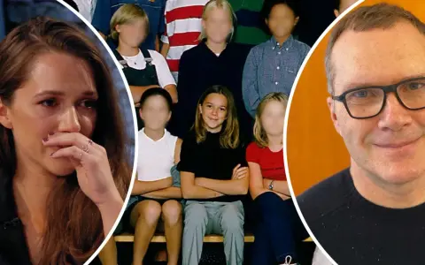 Melissa Horns barndom med klasskamrater och en leende man.